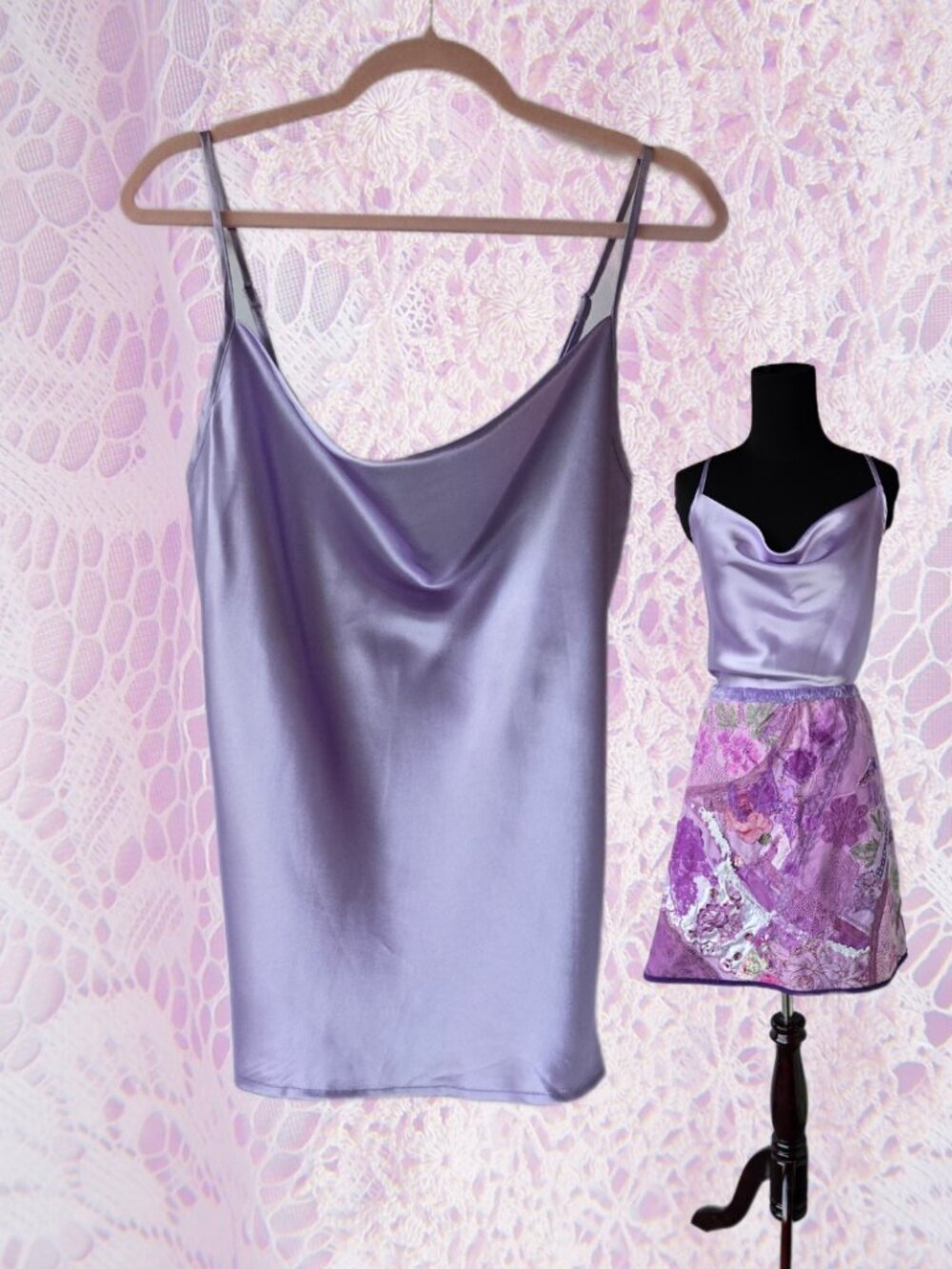 AE Studio Lavender Lilac Satin Cowl Neck Cami Blouse Fairycore Pastel Top
